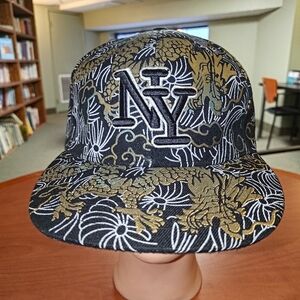 Vtg New York Dragon Floral All Over Graffiti Print Fitted Cap Hat 7 1/2